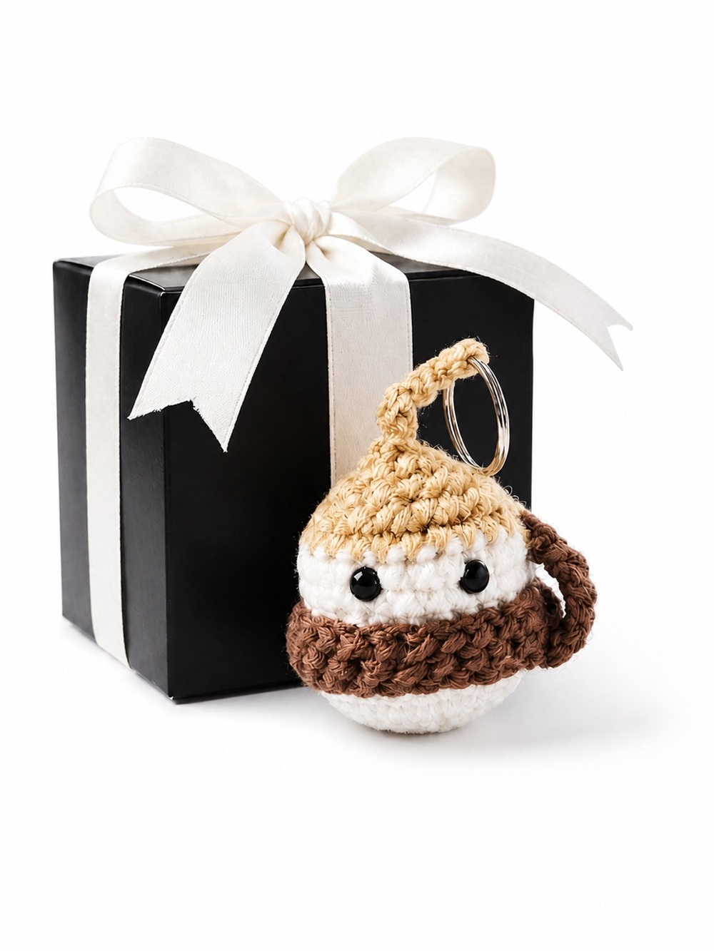 Handmade Crochet Coffee Cup Keychain - Brown, Cream & Tan